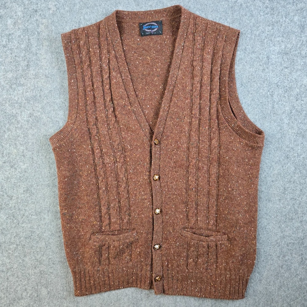 Vintage Jantzen Cardigan Sweater Mens L‎ Orange Wool Blend Cable Knit Fleck USA